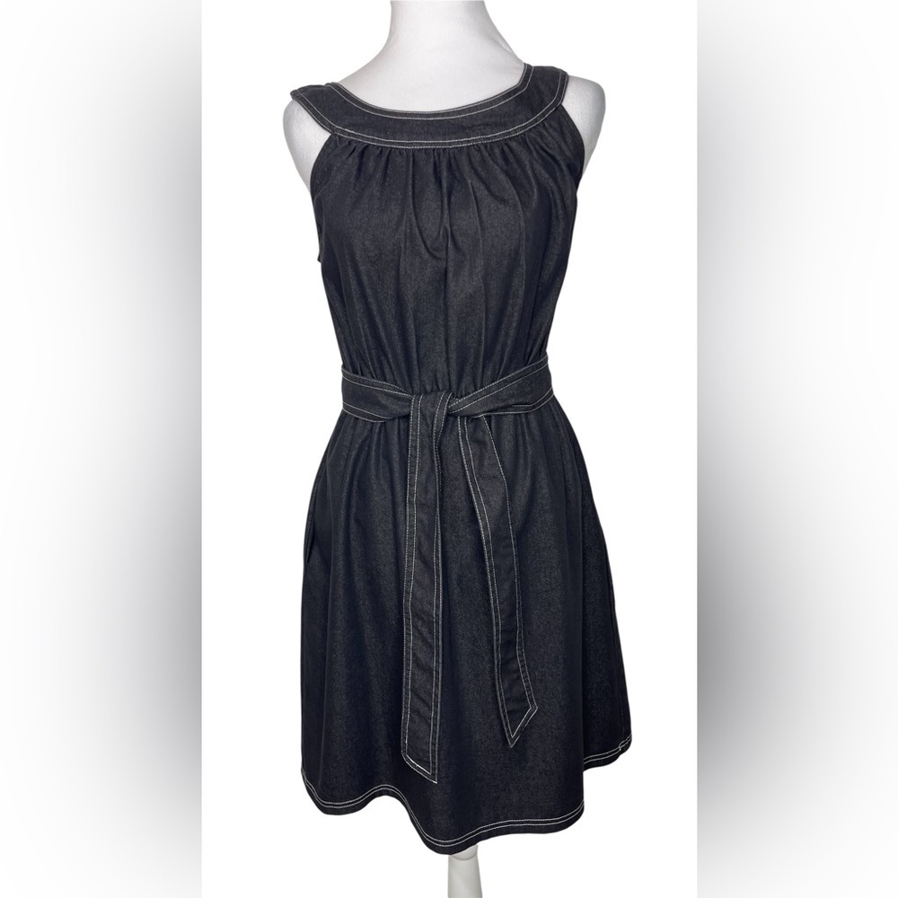 Emma & Michele Dark Denim Belted Midi Sleeveless Dress Casual Summer Size 8 - Picture 2 of 15